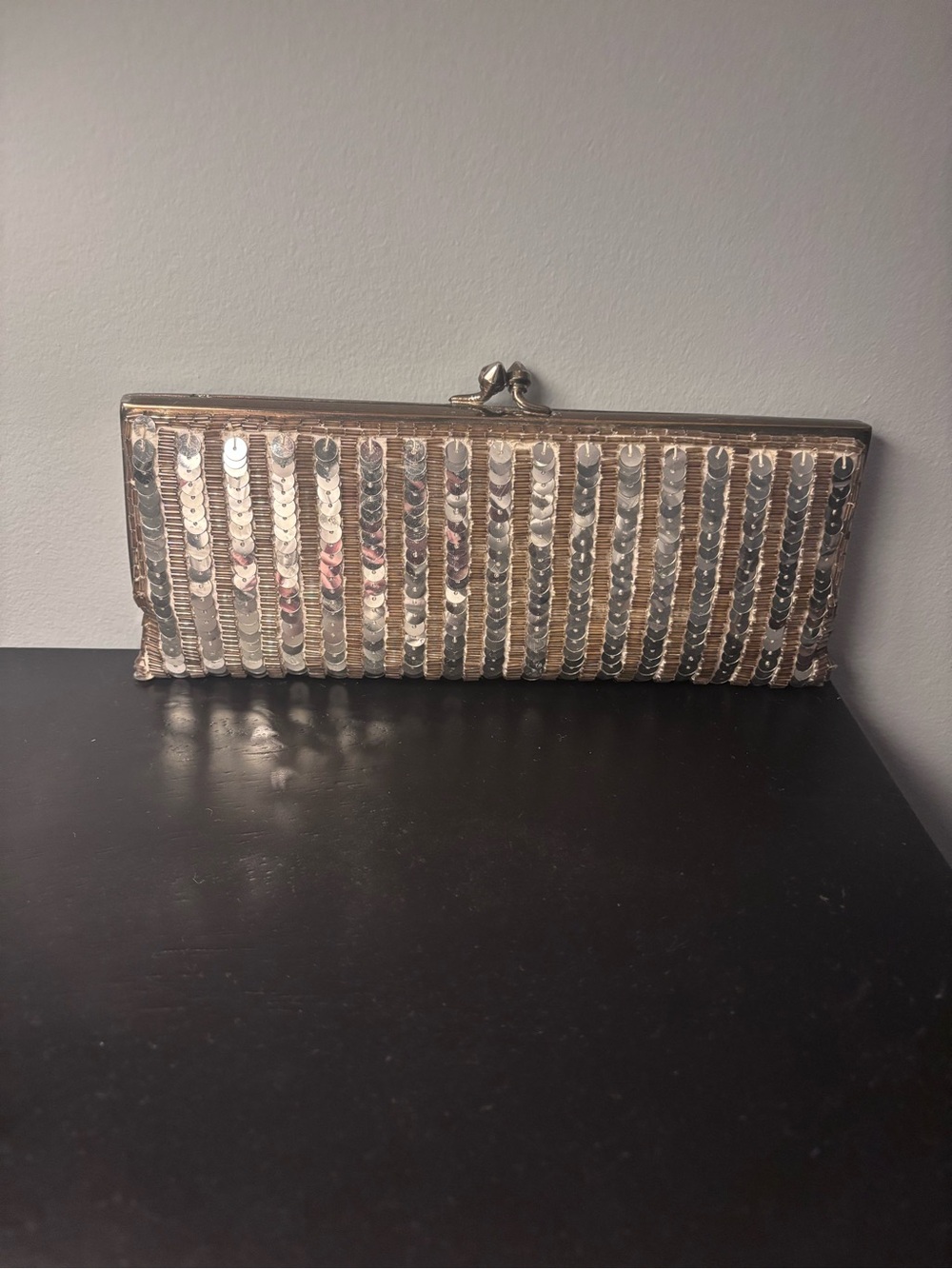 Moyna Silver Sequin Striped Frame Clutch w/chain
